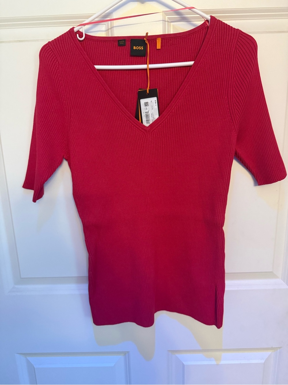 NWT BOSS Hugo Boss Pink Ribbed V-Neck Knit Top Sweater - Size XL